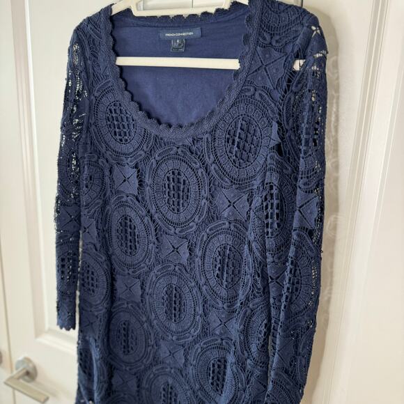 FRENCH CONNECTION Lark Rise Lace Dress Scalloped Crochet Trim Blue | 4 - Picture 9 of 13
